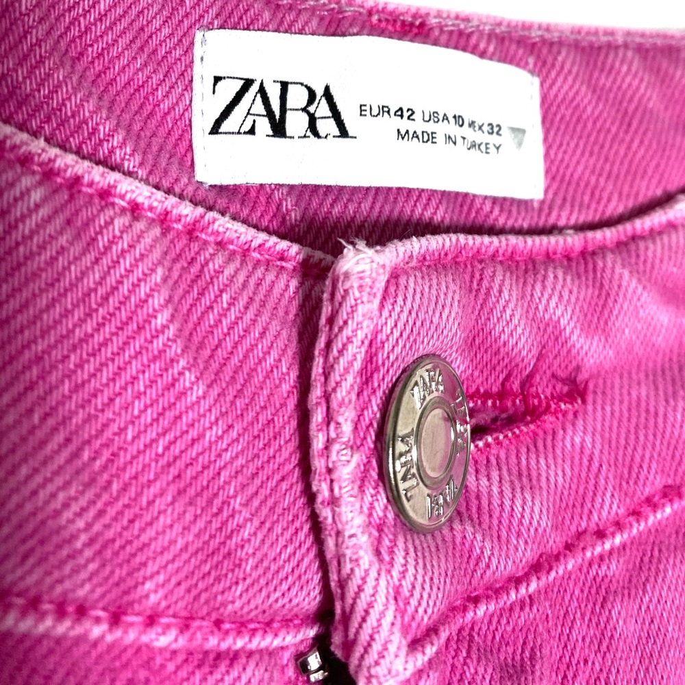 Zara Vibrant Pink Denim wide leg high waist raw hem cotton Jeans - Picture 5 of 11